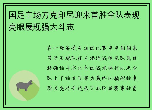 国足主场力克印尼迎来首胜全队表现亮眼展现强大斗志