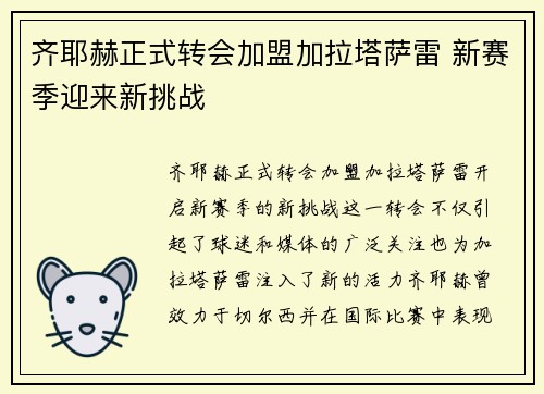 齐耶赫正式转会加盟加拉塔萨雷 新赛季迎来新挑战